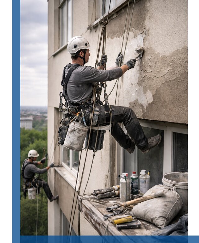 Косметический ремонт фасада зданий в Сочи промышленными альпинистами