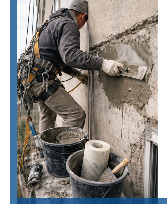 Ремонт бетонных элементов фасада промышленными альпинистами в Сочи