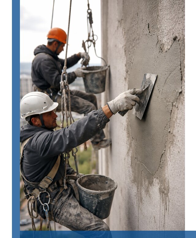 Штукатурка фасада на высоте в Сочи профессиональные работы