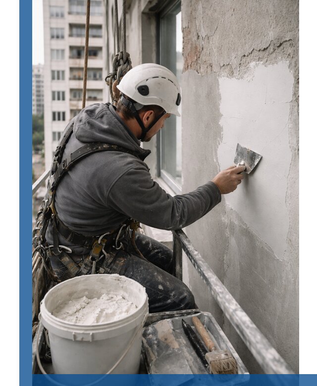 Шпаклевка фасадов на высоте с промальпинистами в Сочи