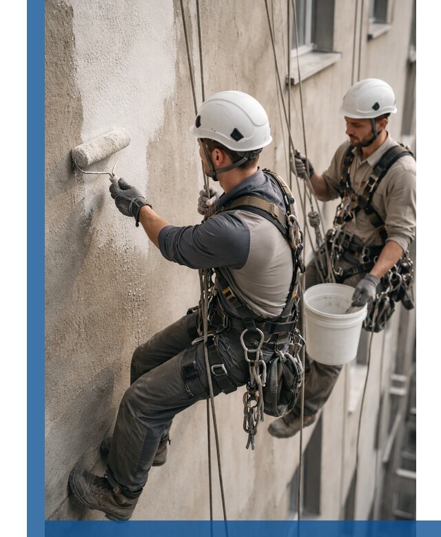 Грунтовка фасада на высоте в Сочи промышленными альпинистами