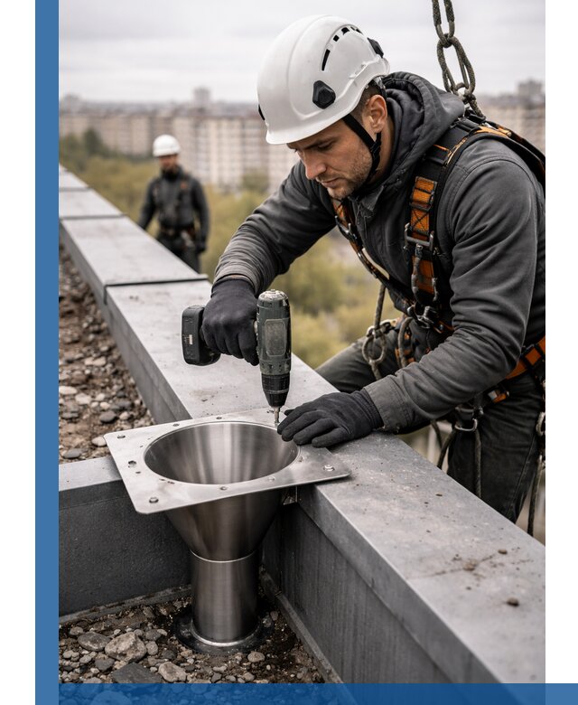 Монтаж водосточных воронок в Сочи для промышленных зданий