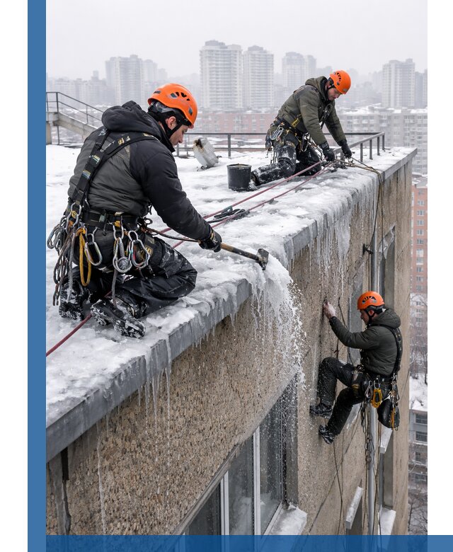 Удаление наледи с кровли в Сочи промышленными альпинистами