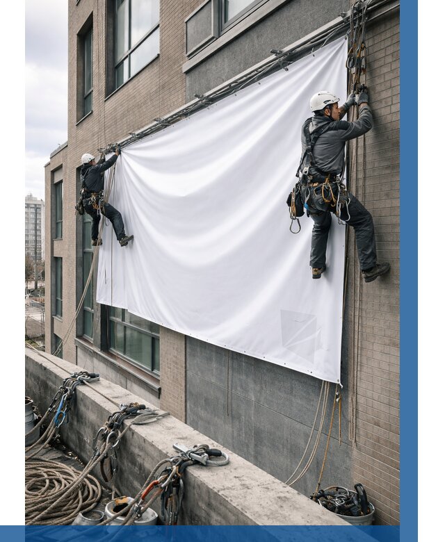 Монтаж баннеров на фасаде в Сочи от 672 р. заказать ВЫСОТНИК-Счи