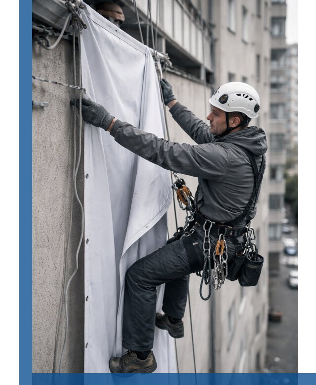 Замена баннерного полотна промышленными альпинистами в Сочи