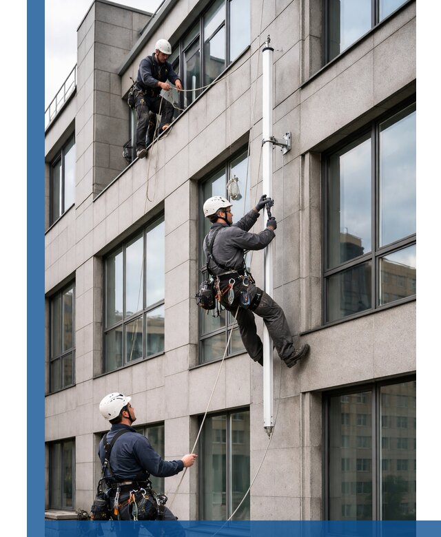 Монтаж флагштока на фасаде здания с креплением и герметикой в Сочи