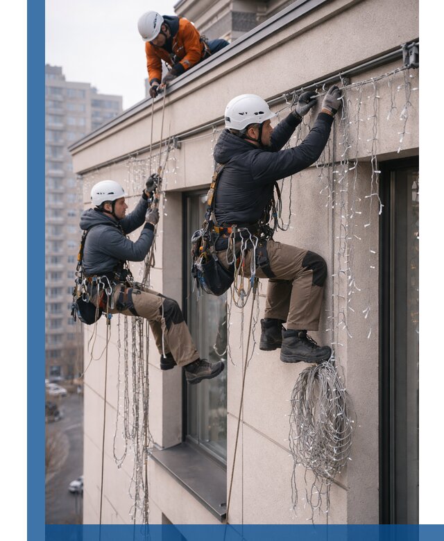 Монтаж праздничных гирлянд на фасаде в Сочи для зданий