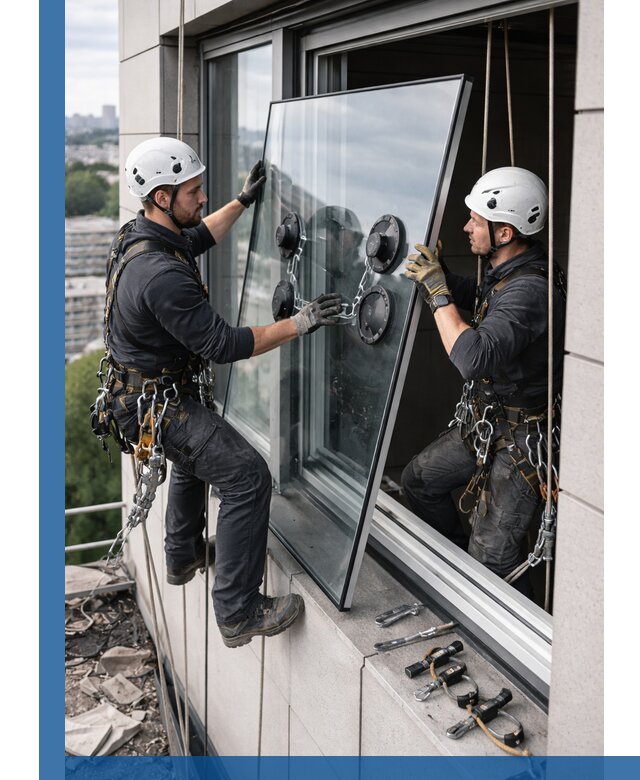 Замена стеклопакетов на высоте с промышленными альпинистами в Сочи