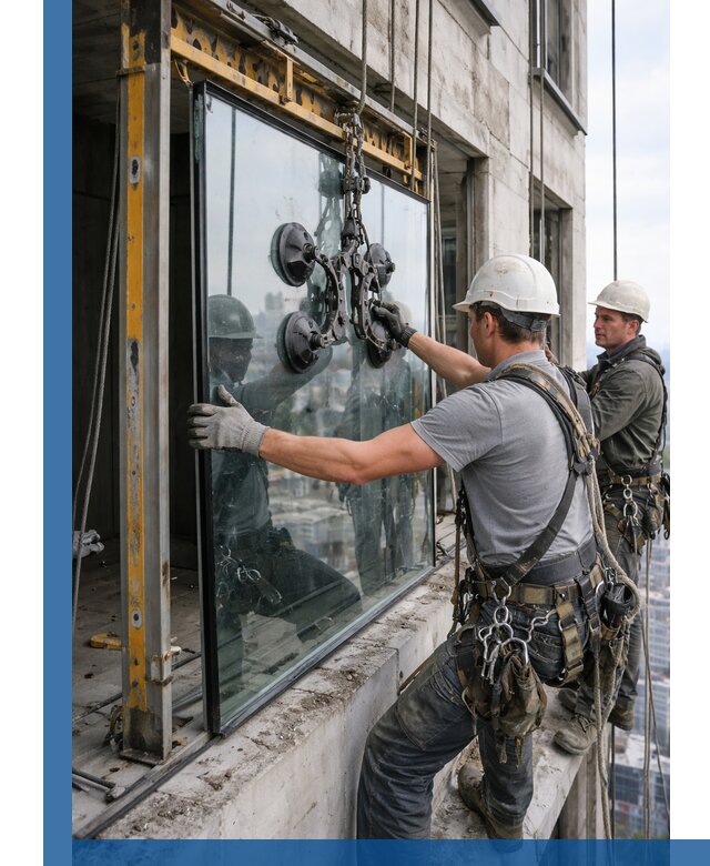 Монтаж стеклопакетов на высоте в Сочи с промышленным альпинизмом