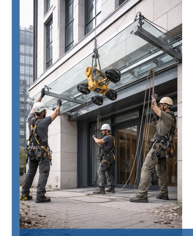 Монтаж стеклянных козырьков под ключ в Сочи для зданий