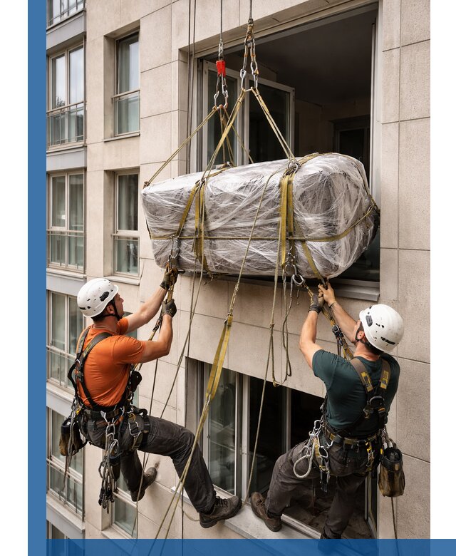 Подъем грузов через окно в Сочи промышленными альпинистами