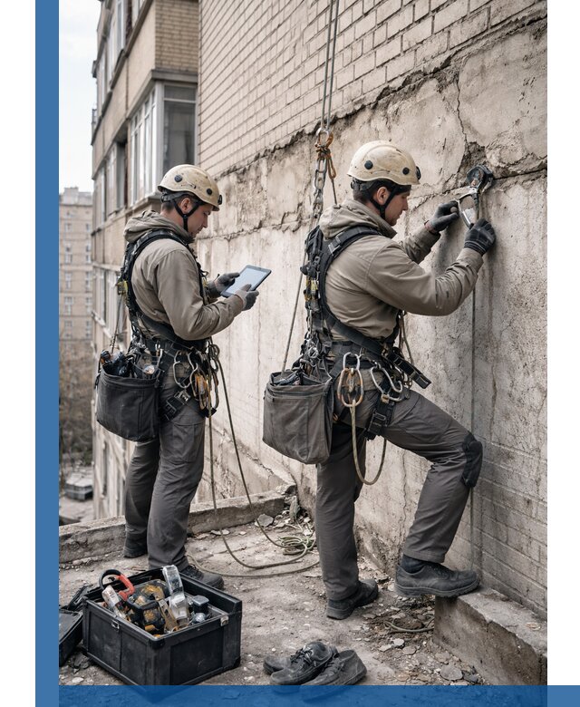 Обследование фасада промышленными альпинистами в Сочи